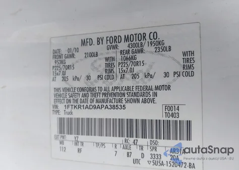 2010 Ford Ranger Xl/Xlt from USA, damaged, VIN 1FTKR1AD9APA38535